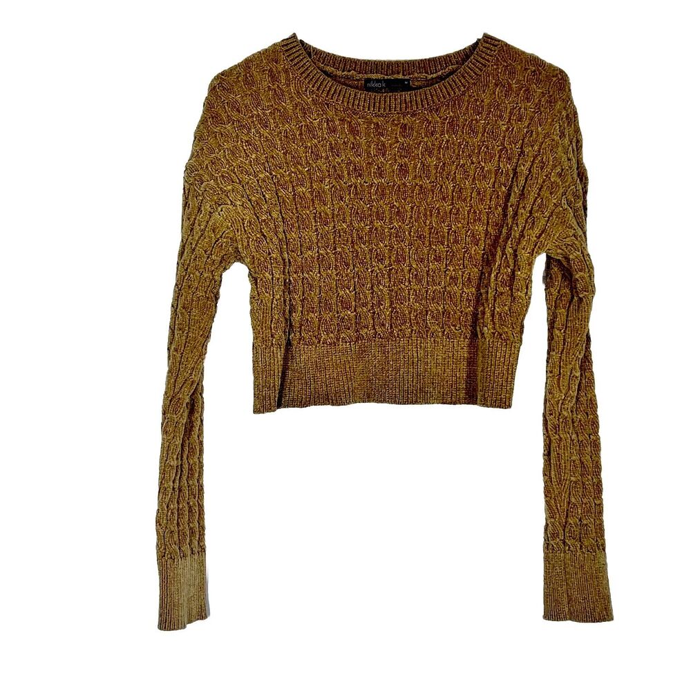 Gold Chenille Cable Knit Sweater Womens Medium Cropped Comfort Soft Cozy Retro
